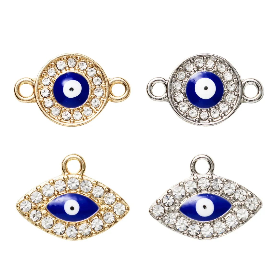 Anheng charms 2 par øyne, evil eye og ovale, gull- og sølvfargede med strass