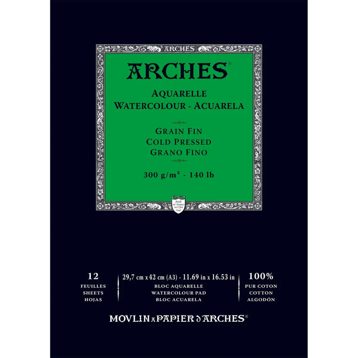 Arches akvarellblokk GF, CP, A3 – 297×420 mm, 12 ark, 300 g/m²