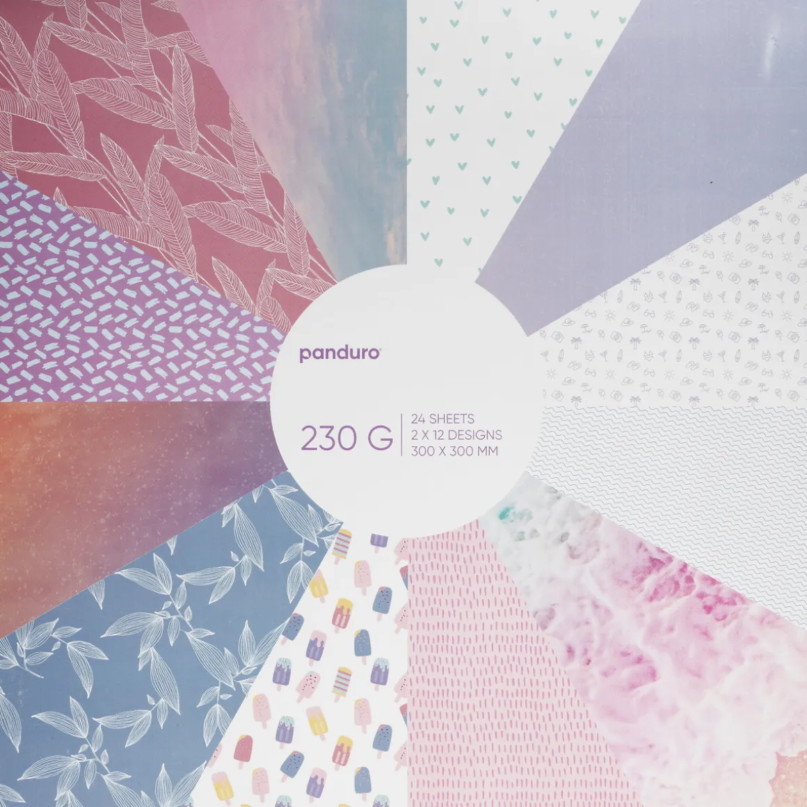Blokk med designark 30×30 cm i lyse farger og mønstre, 24 ark, 230 g/m²