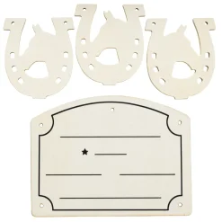 Boksskilt og 3 plaketter av tre til stall, kjepphest og Hobby Horse