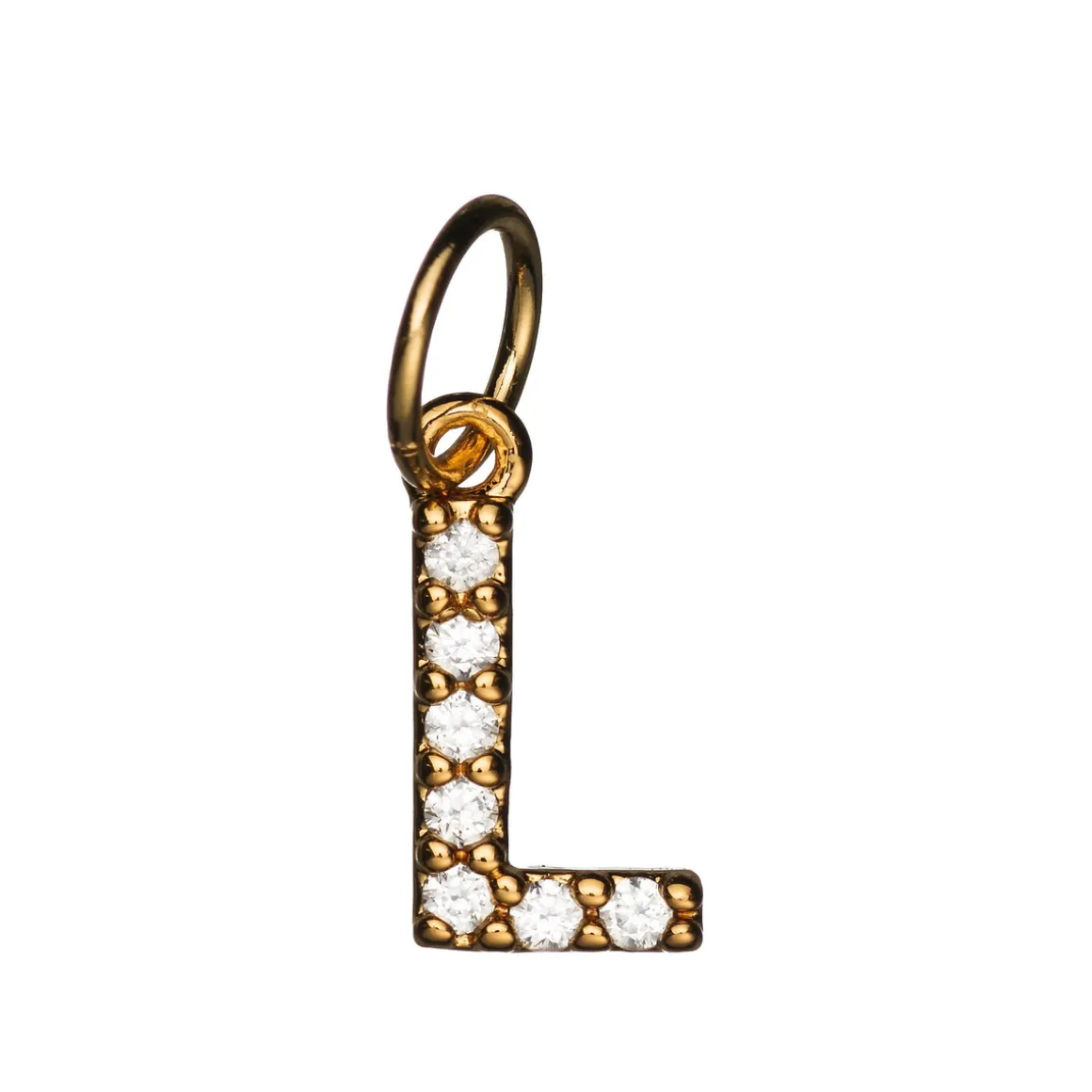 Bokstavanheng med strass L – lengde 7 mm, messing, belagt med 9 karat gull
