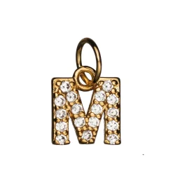 Bokstavanheng med strass M – lengde 7 mm, messing, belagt med 9 karat gull