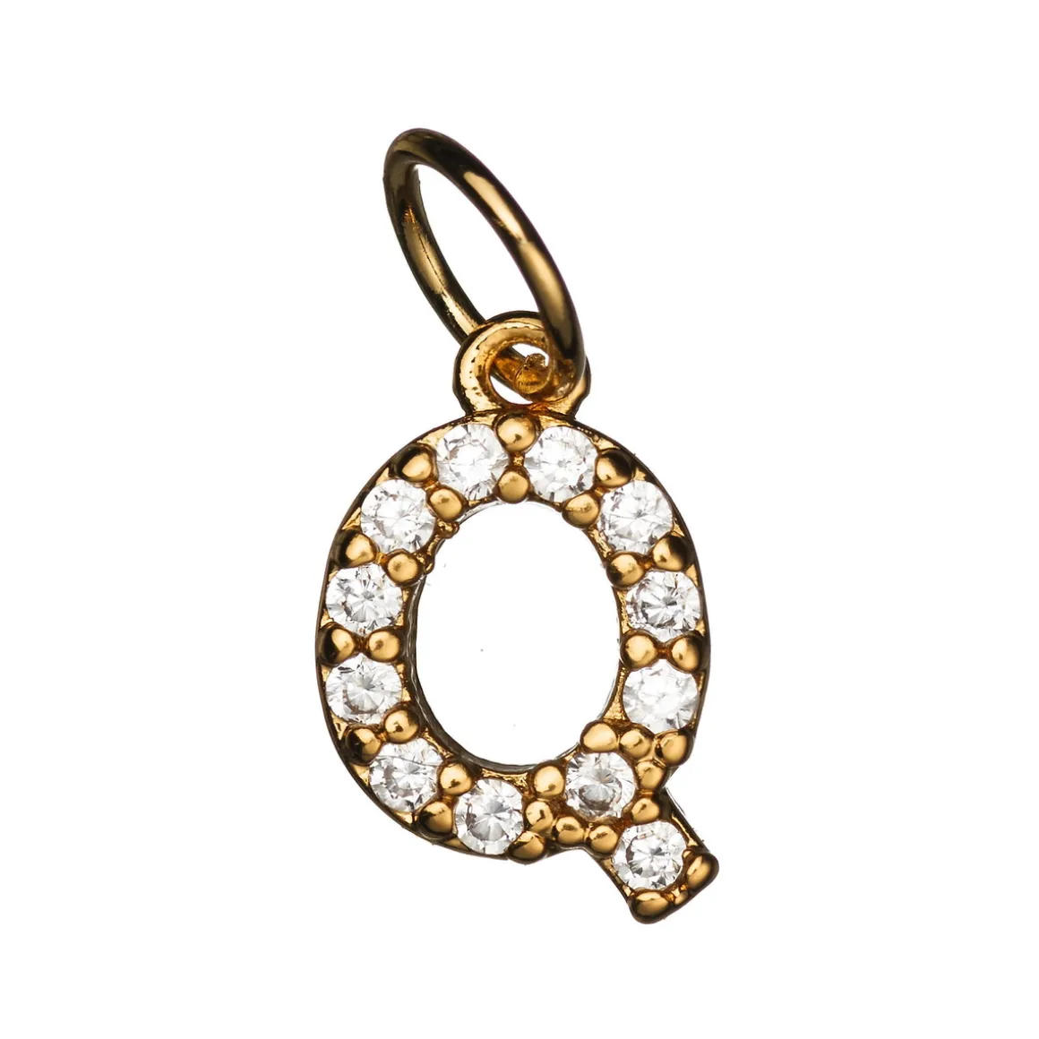 Bokstavanheng med strass Q – lengde 7 mm, messing, belagt med 9 karat gull