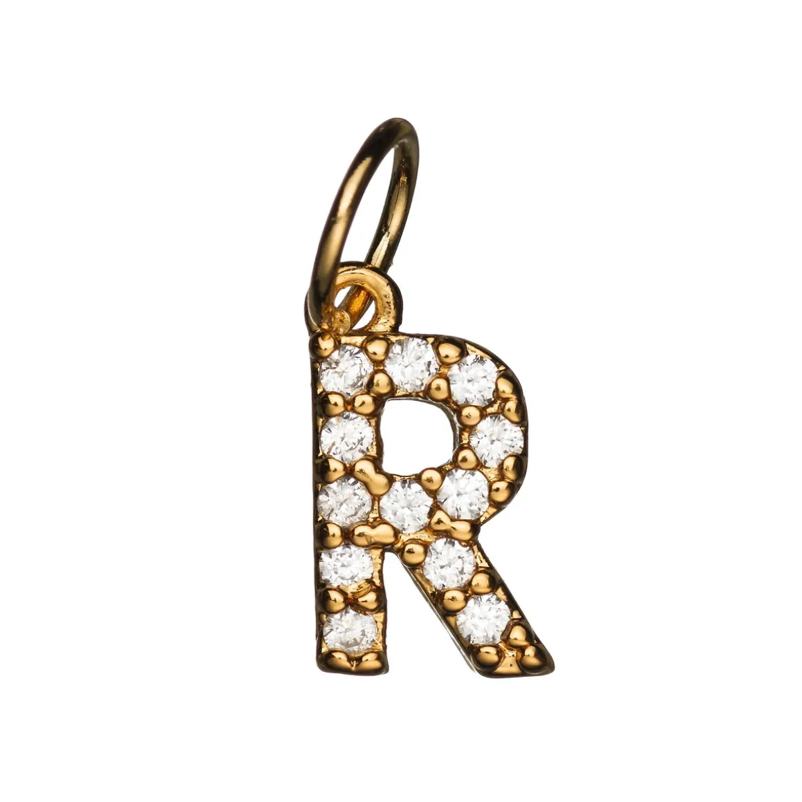 Bokstavanheng med strass R – lengde 7 mm, messing, belagt med 9 karat gull
