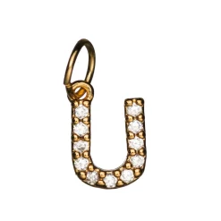 Bokstavanheng med strass U – lengde 7 mm, messing, belagt med 9 karat gull