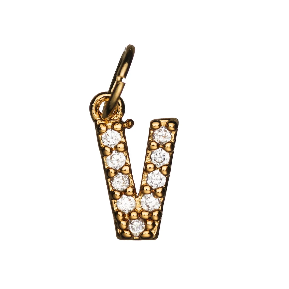 Bokstavanheng med strass V – lengde 7 mm, messing, belagt med 9 karat gull