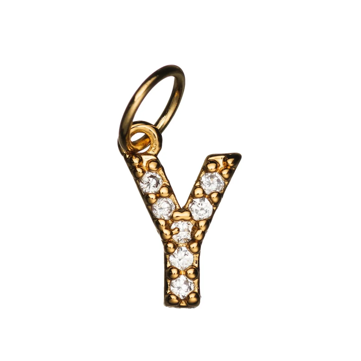 Bokstavanheng med strass Y – lengde 7 mm, messing, belagt med 9 karat gull