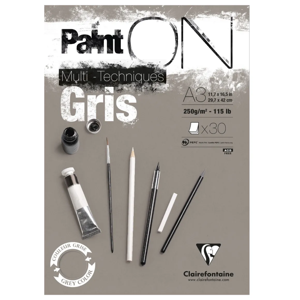 Clairefontaine Paint ON Multi Techniques blokk A3 (297×420 mm), 30 grå ark, 250 g/m²