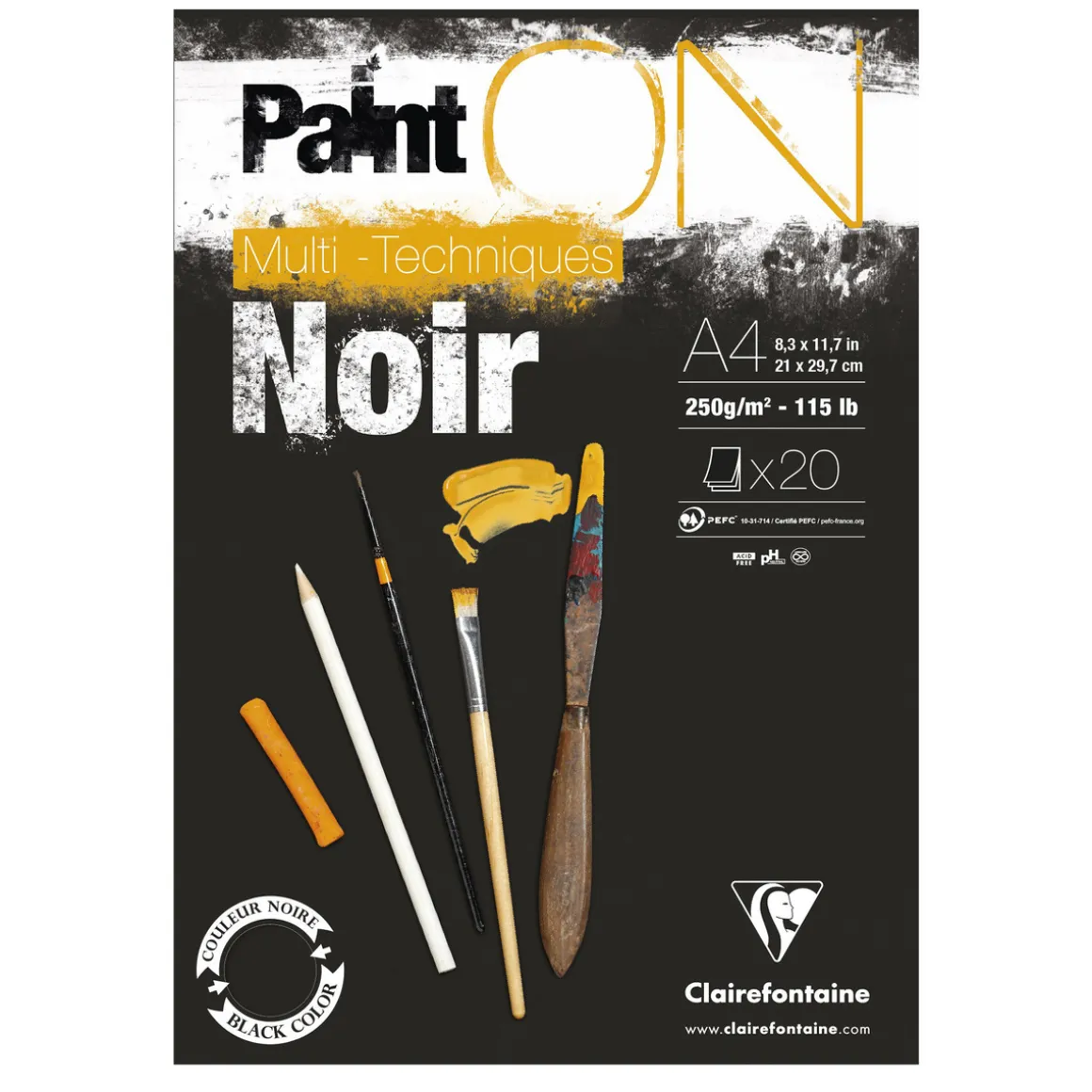 Clairefontaine Paint ON Multi Techniques blokk A4 (210×297 mm), 20 svarte ark, 250 g/m²