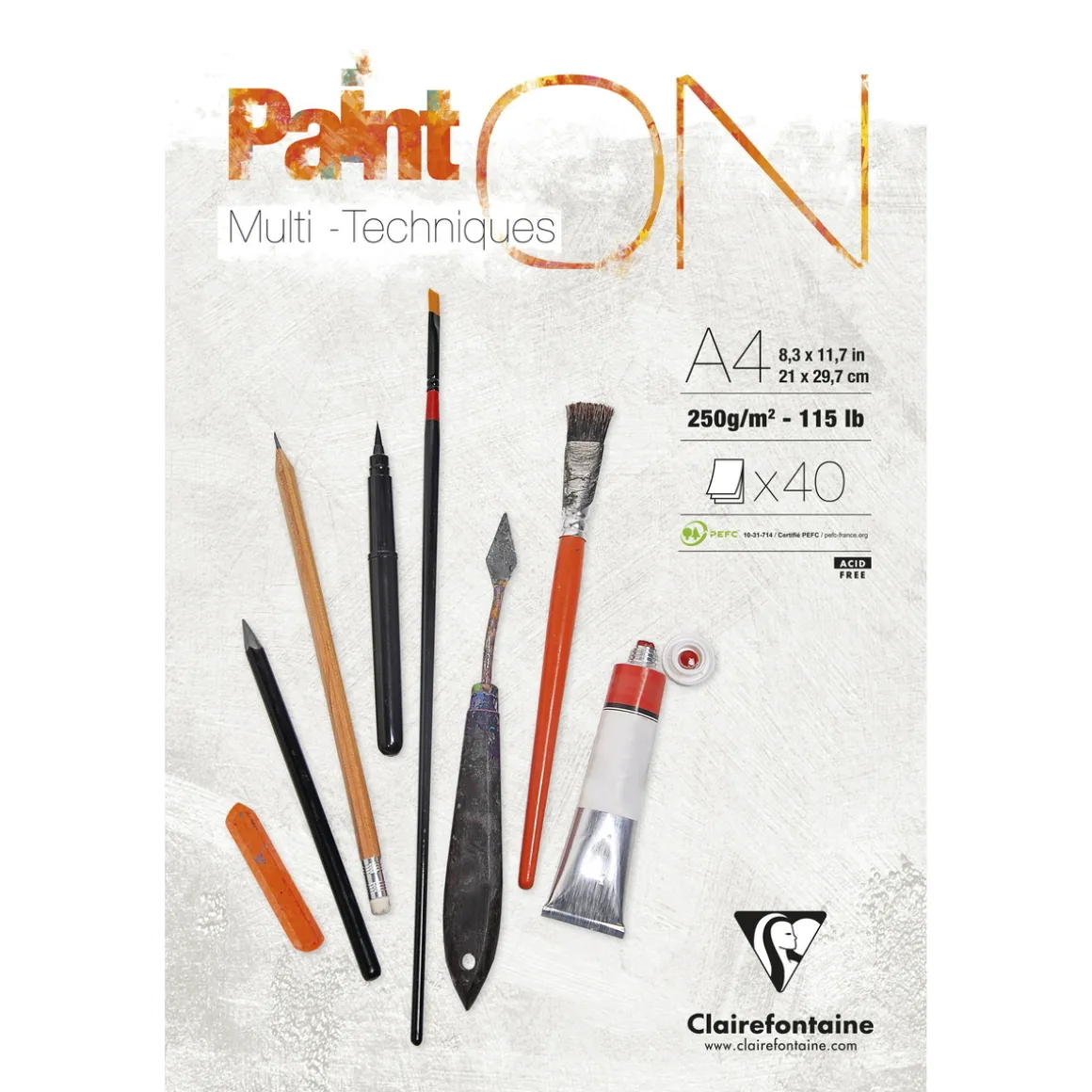 Clairefontaine Paint ON Multi Techniques blokk A4 (210×297 mm), 30 hvite ark, 250 g/m²