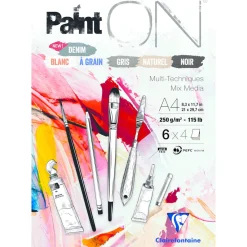 Clairefontaine Paint ON Multi Techniques blokk A4 (210×297 mm), 24 ark i 6 ulike farger, 250 g/m²