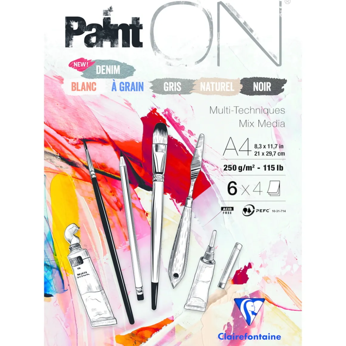 Clairefontaine Paint ON Multi Techniques blokk A4 (210×297 mm), 24 ark i 6 ulike farger, 250 g/m²