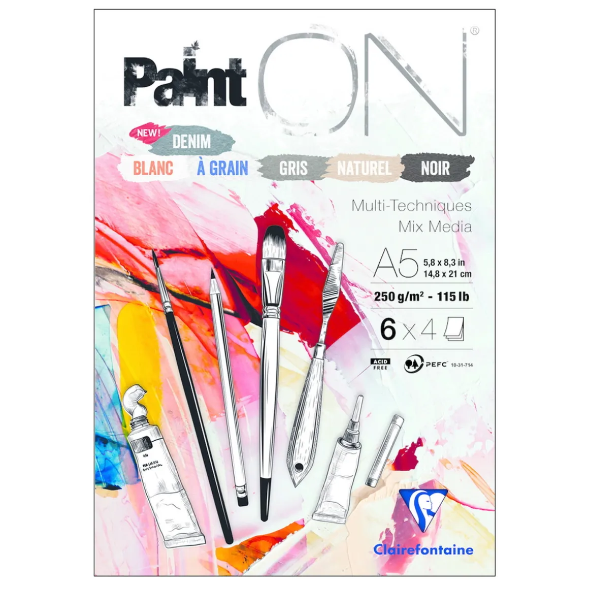 Clairefontaine Paint ON Multi Techniques blokk A5 (148×210 mm), 24 ark i 6 ulike farger, 250 g/m²