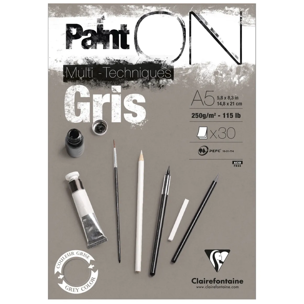 Clairefontaine Paint ON Multi Techniques blokk A5 (148×210 mm), 30 grå ark, 250 g/m²