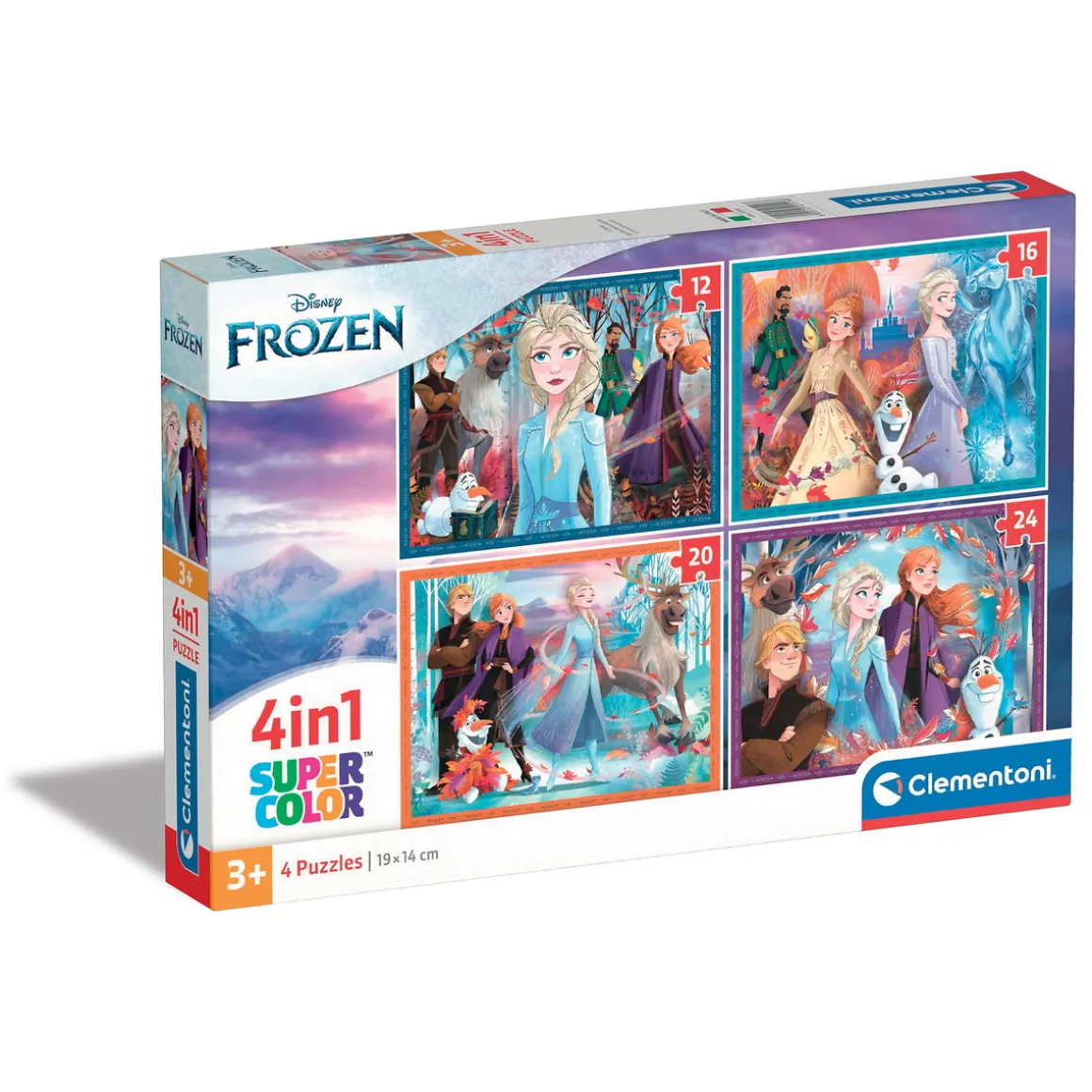 Clementoni puslespill 4-i-1 – Frozen, 12 / 16 / 20 / 24 biter, 4 puslespill som blir 19×14 cm hver