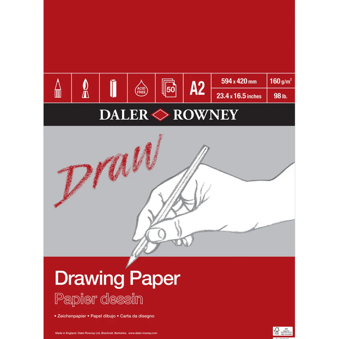 Daler-Rowney Drawing Paper tegneblokk A2 (420×594 mm), 50 ark, 160 g/m²