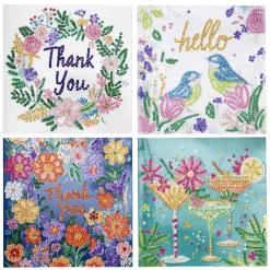 Diamond Painting kort 4 stk. 15×15 cm – takkekort, invitasjonskort og konvolutt