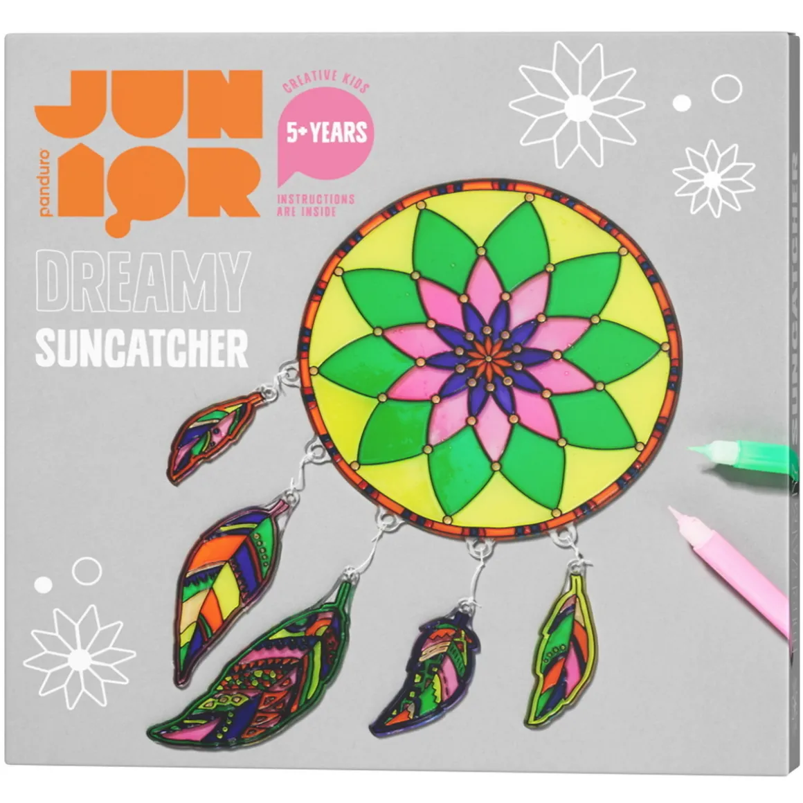 DIY-kit Solfanger og drømmefanger – Ø20 cm + 5 fjær og 8 penner med vindusmaling