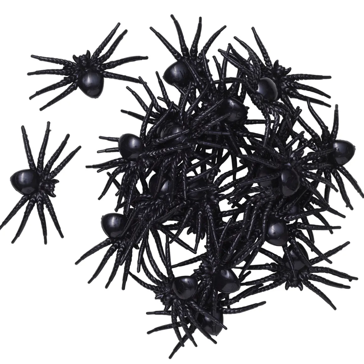 Edderkopper i plast til Halloween, 28 stk. i 3 størrelser – 2×2 / 2,8×3 / 3×4 cm