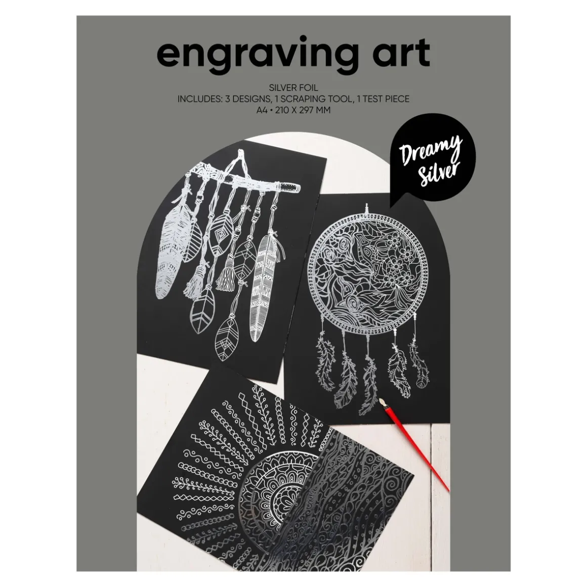 Engraving art Dreamy Silver – scratch art med 3 stk. A4-ark, sølvfargede og drømmeaktige motiver