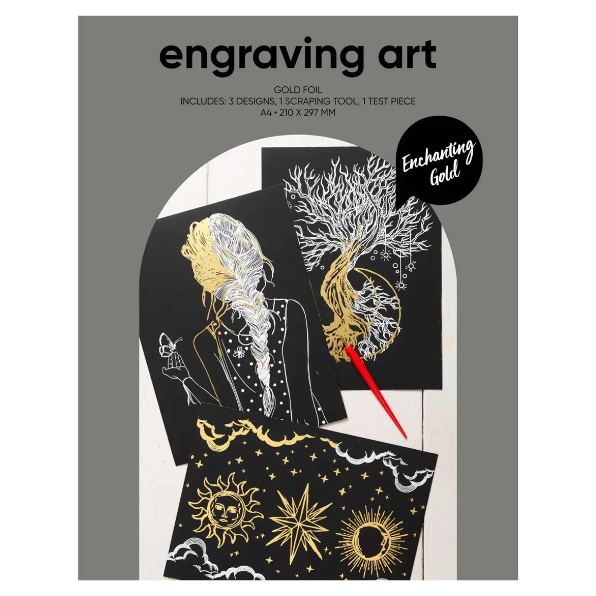 Engraving art Enchanting Gold – scratch art med 3 stk. A4-ark, gullfargede motiver