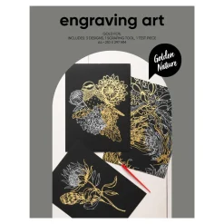 Engraving art Golden Nature – scratch art med 3 stk. A4-ark, gullfargede naturmotiver