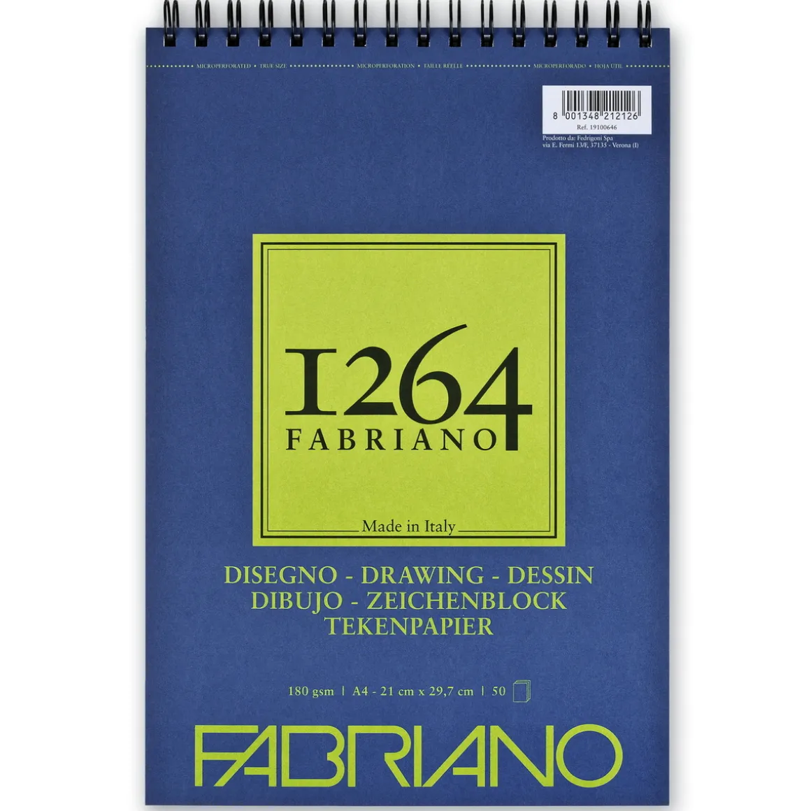 Fabriano tegneblokk F-1264 A4 (210×297 mm), 50 ark, vekt 180 gram.