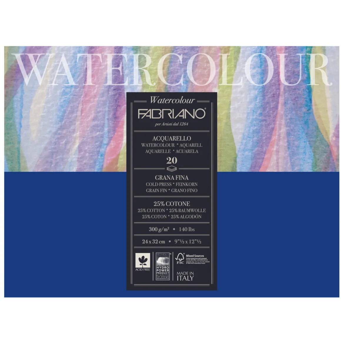 Fabriano Watercolour akvarellblokk GF 24×32 cm, 20 ark, 300 g/m²