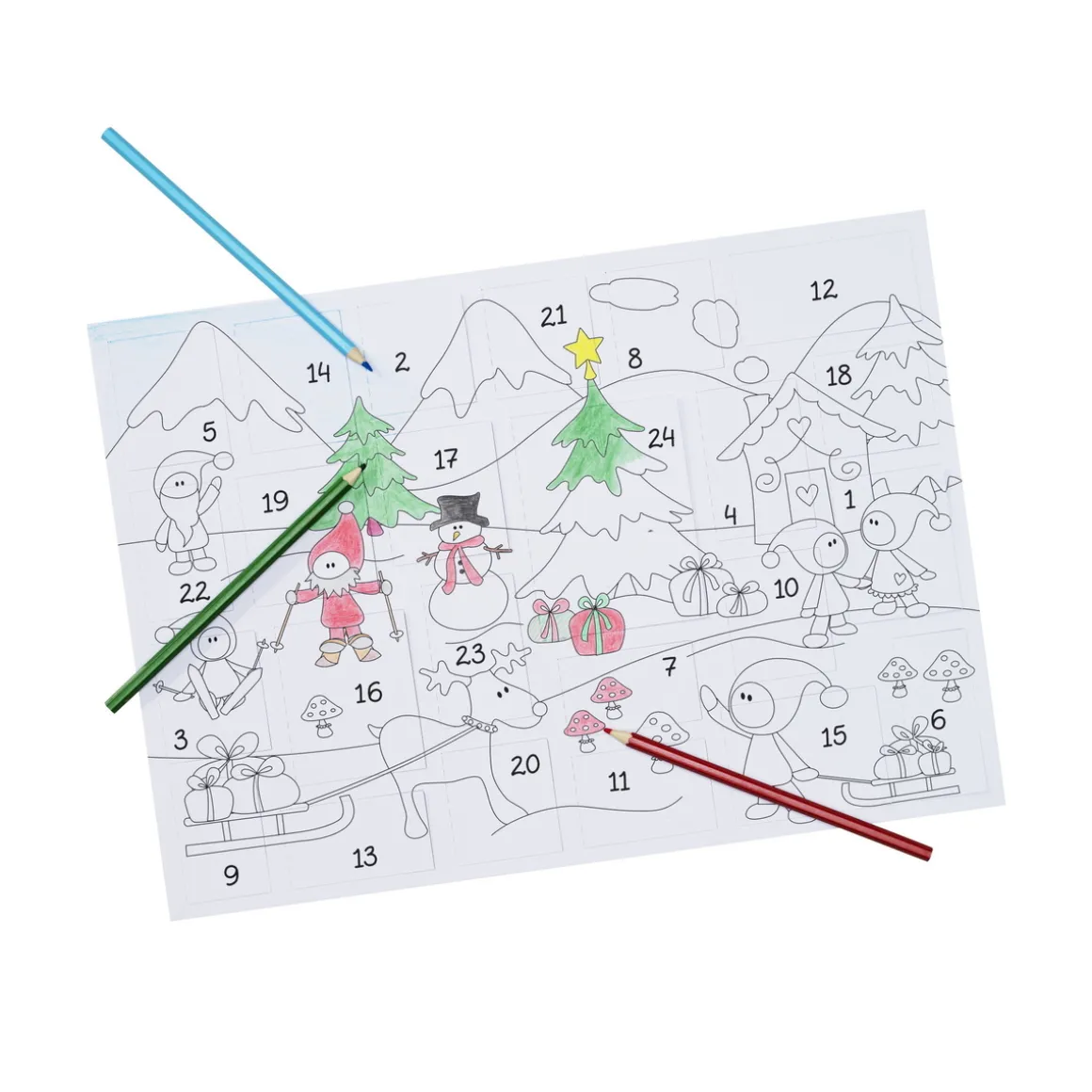 Fargelegg en fin adventskalender med juleinspirert motiv – 42×29,7 cm