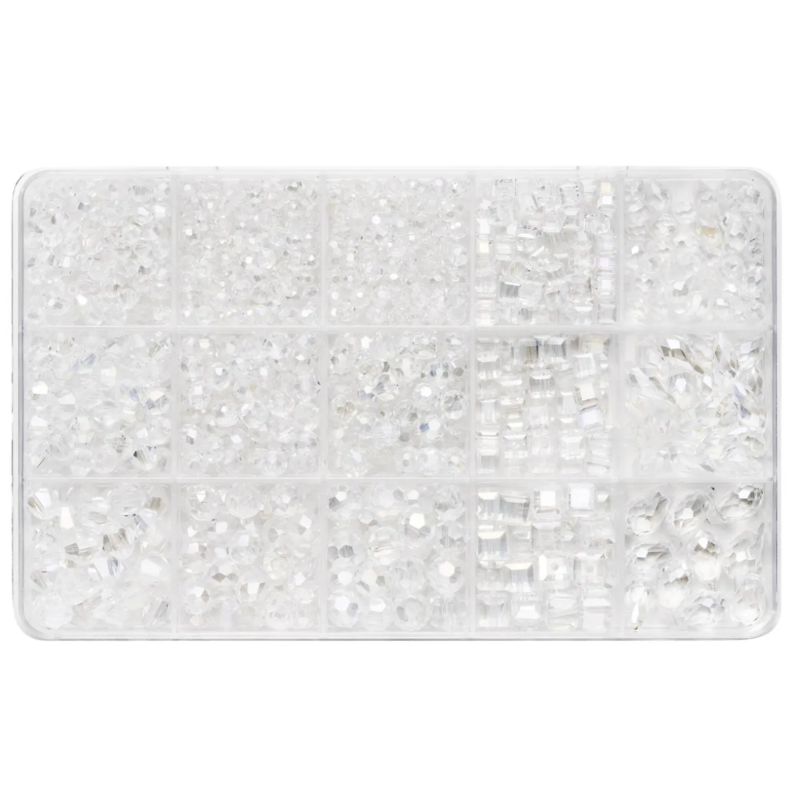 Fasetterte klare glassperler i mange ulike former, ca. 975 stk. perler.