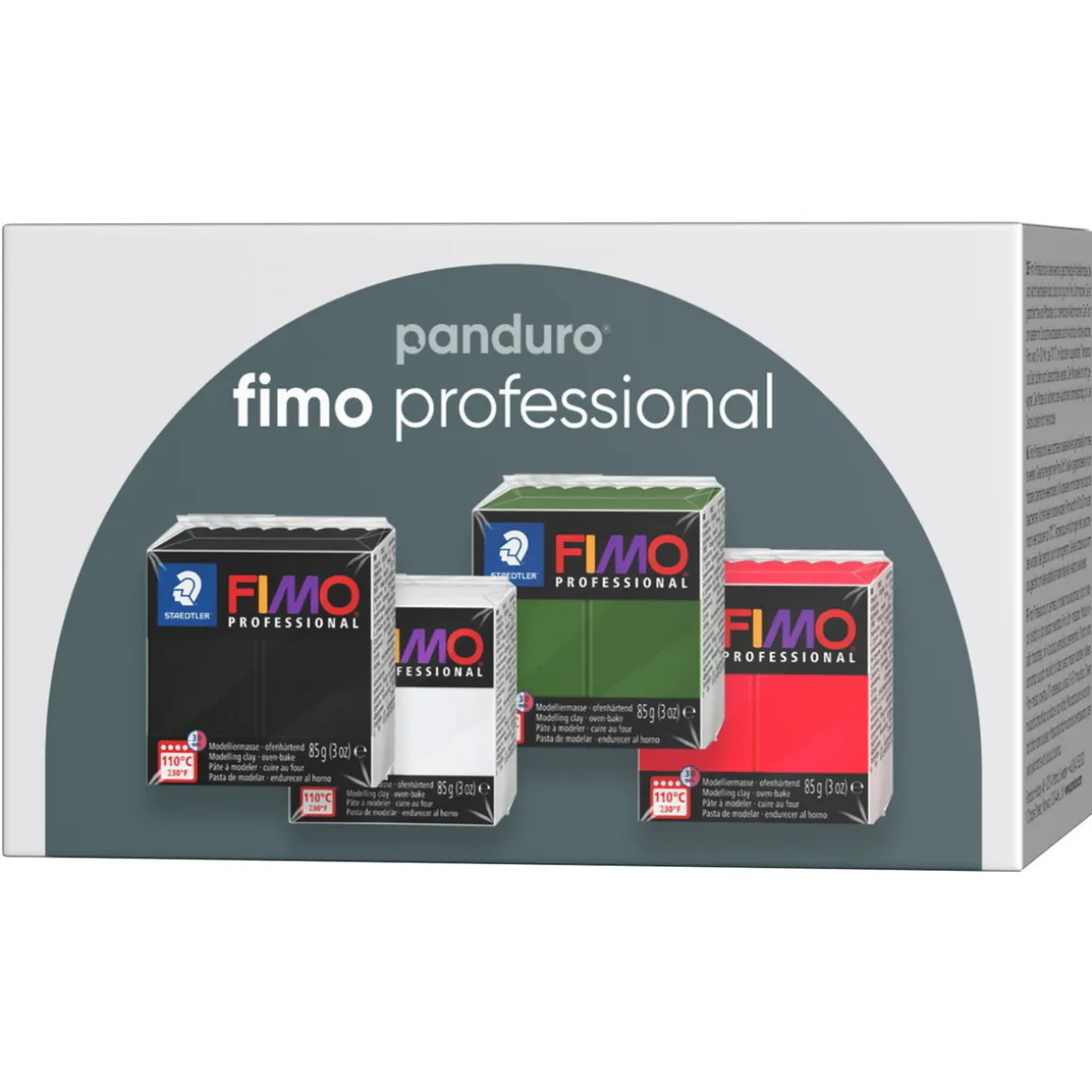 Fimo Professional 4×85 gram Fimo-leire – svart, hvit, grønn og rød