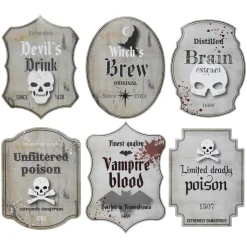 Flaskeetiketter til Halloween, 6 motbydelige temaer. Størrelse 10×10–13 cm