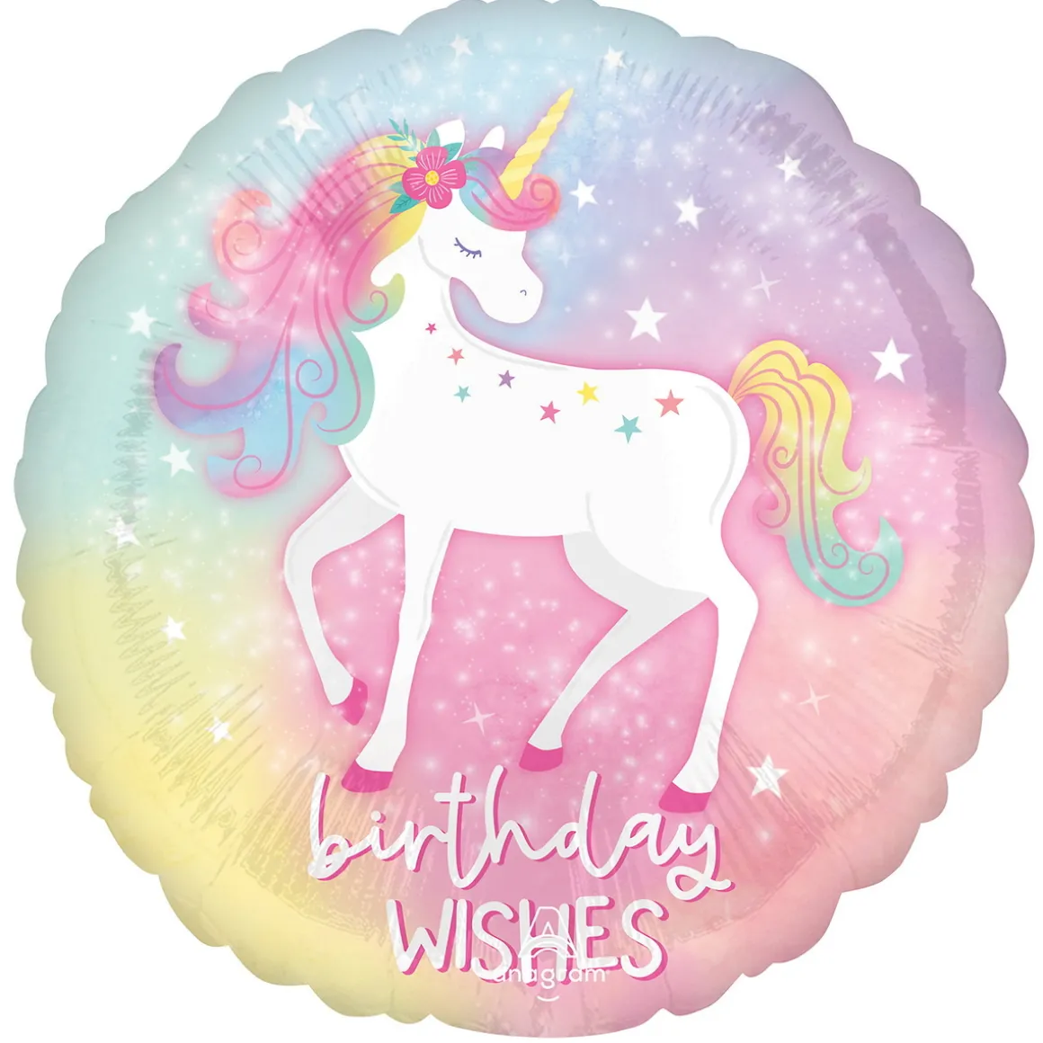 Folieballong Ø45 cm – enhjørning med teksten Birthday wishes