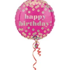 Folieballong Ø45 cm – rosa ballong med holografiske prikker – happy birthday