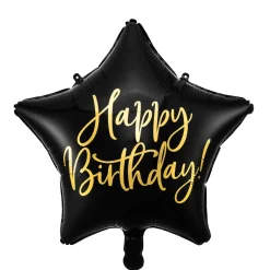 Folieballong Ø45 cm – svart stjerne med teksten Happy birthday