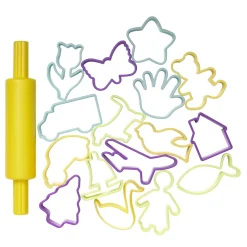 16 former til leire, leireformer, i fargerik plast 5–8 × 5–9 cm + plastkjevle