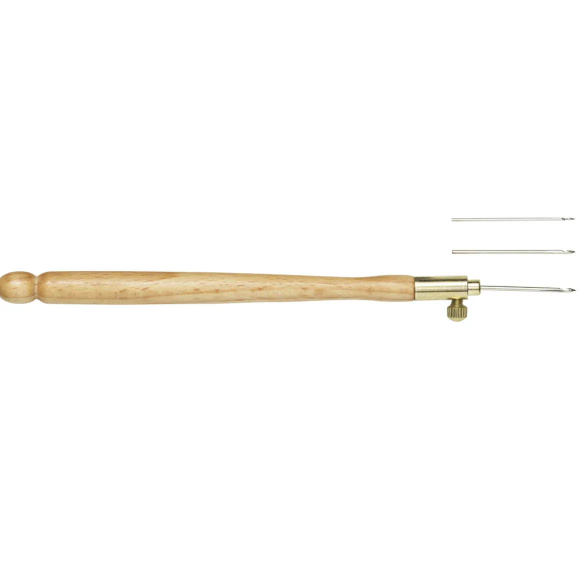 Fransk broderinål i tre, lengde 14 cm. 3 nåler på 08 – 1,0 – 1,2 mm følger med