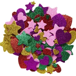Funky Foam Stjerner og hjerter med glitter, 150 stykker selvklebende dekorgummi, diameter 20–25 mm