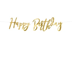 Girlander med «Happy Birthday» i gull metallic – 62×16,5 cm tekst på 200 cm snor