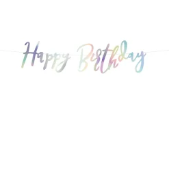 Girlander med «Happy Birthday» i iriserende farge – 62×16,5 cm tekst på 200 cm snor