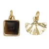 Gullfargede anheng / charms, fjær 15×8 mm, stein 10×10 mm