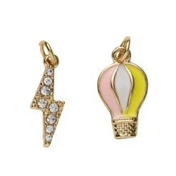2 gullfargede anheng / charms, luftballong hvit og gull 10×18 mm, lyn strass 7×18 mm