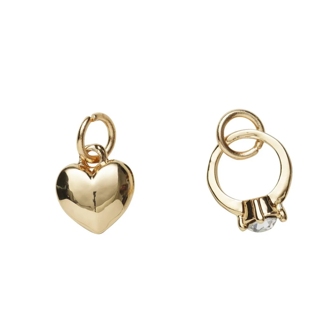 2 gullfargede anheng / charms, ring med strass 9×10,8 mm, hjerte Ø8 mm