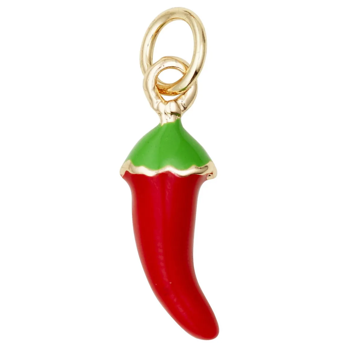Gullfarget anheng / charm med en rød chili, lengde 14 mm, Ø5 mm
