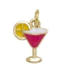 Gullfarget anheng / charm: rosa drinkeglass med sitron 13×20×3 mm