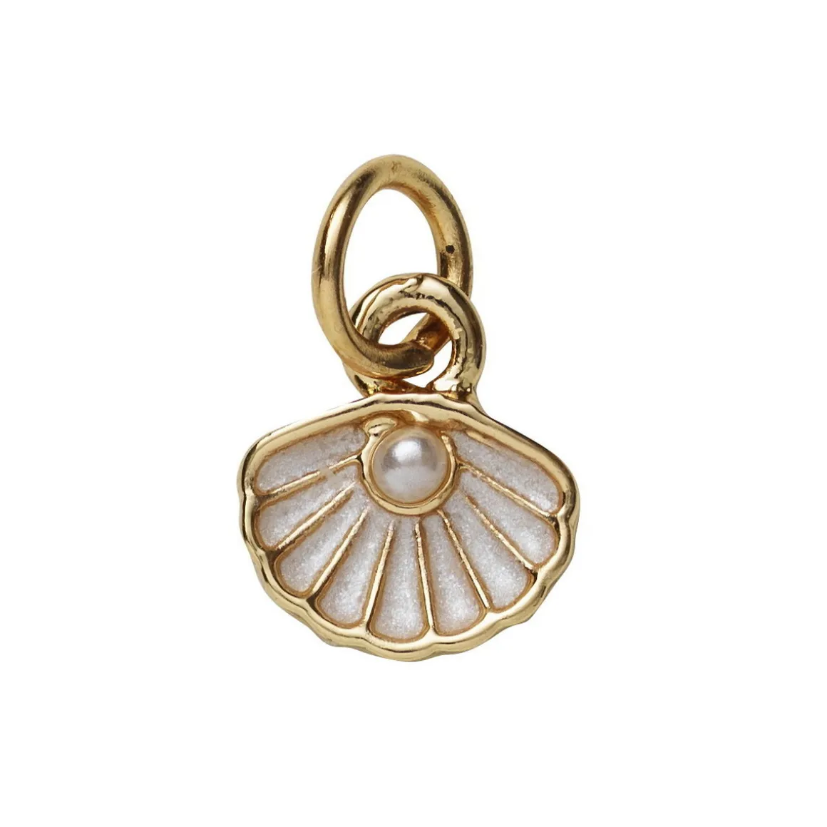 Gullfarget anheng / charm skjell med hvite detaljer 8×6 mm
