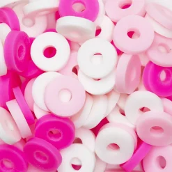 Heishi-perler i rør – herlig blanding med hvite, rosa og cerisefargede heishis, Ø6 mm