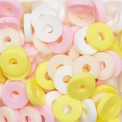 Heishi-perler i rør – herlig blanding med hvite, rosa og gule heishis, Ø6 mm