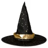 Heksehatt Halloween, svart med glinsende gulldetaljer, barnestørrelse. Ø32 cm, lengde 28 cm