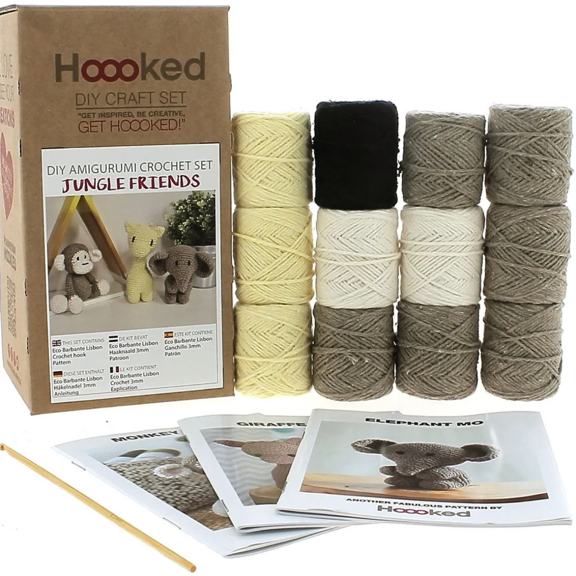 Hooked DIY-sett Jungle friends, hekle 3 morsomme jungelvenner